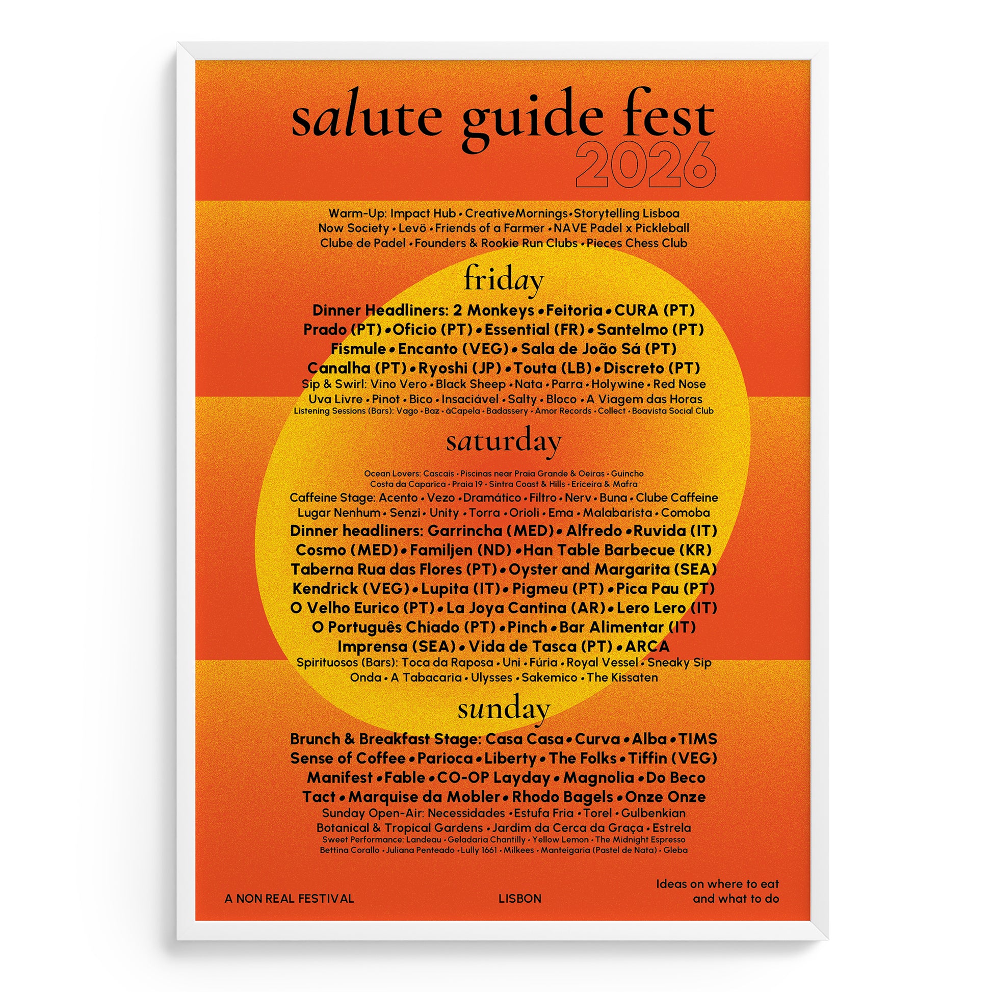 A square orange poster with a yellow-to-orange gradient background and black text reading 'salute guide fest 2026' at the top, followed by weekly event schedules for Friday, Saturday, and Sunday. Smaller text at the bottom reads 'A NON REAL FESTIVAL' and 'LISBON'.