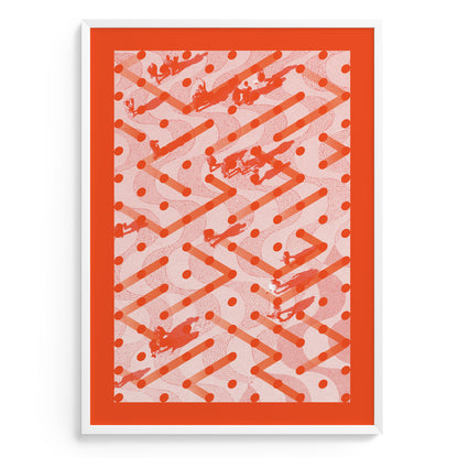 Orange interior print with moving people