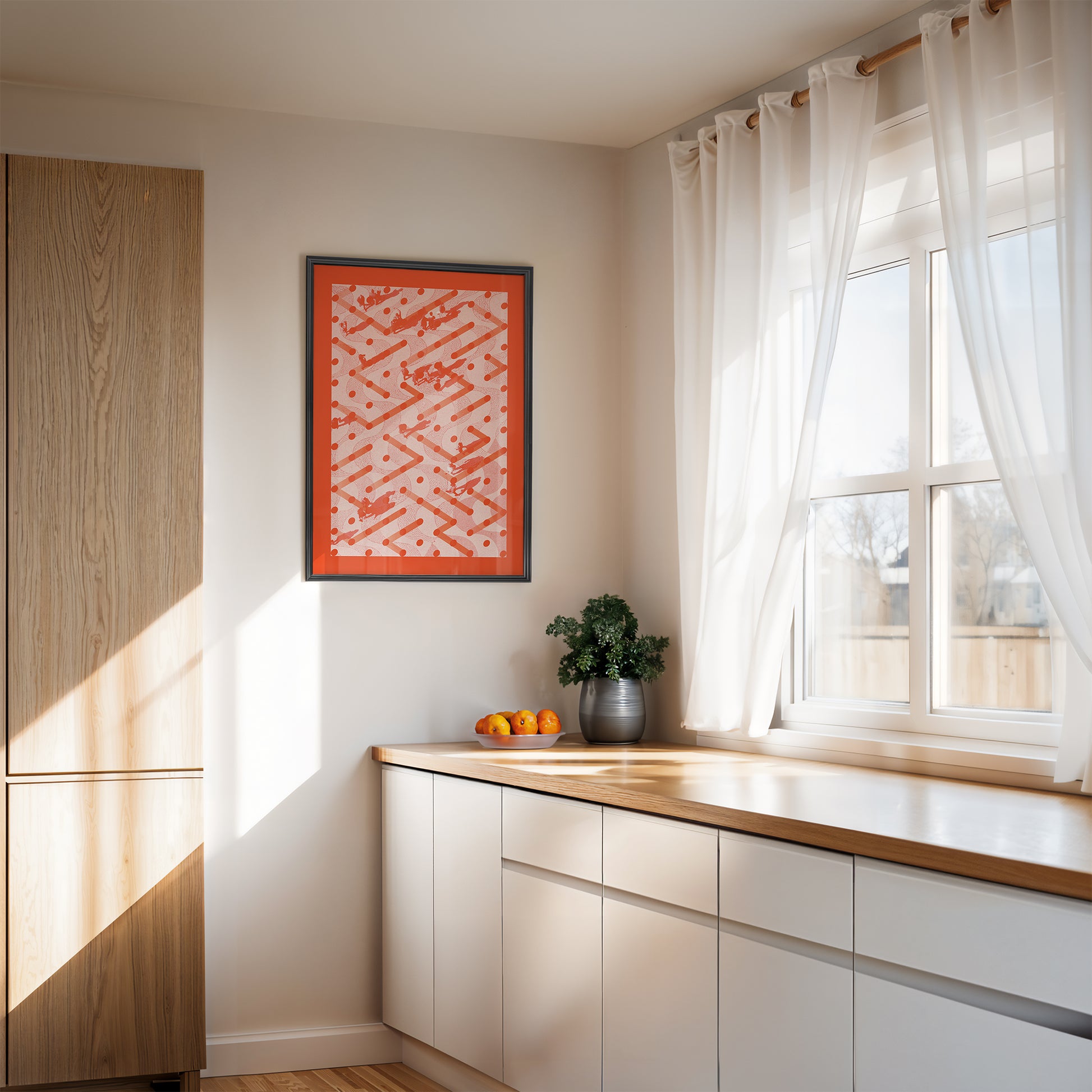 Orange interior print with moving people on the wall in a kitchen