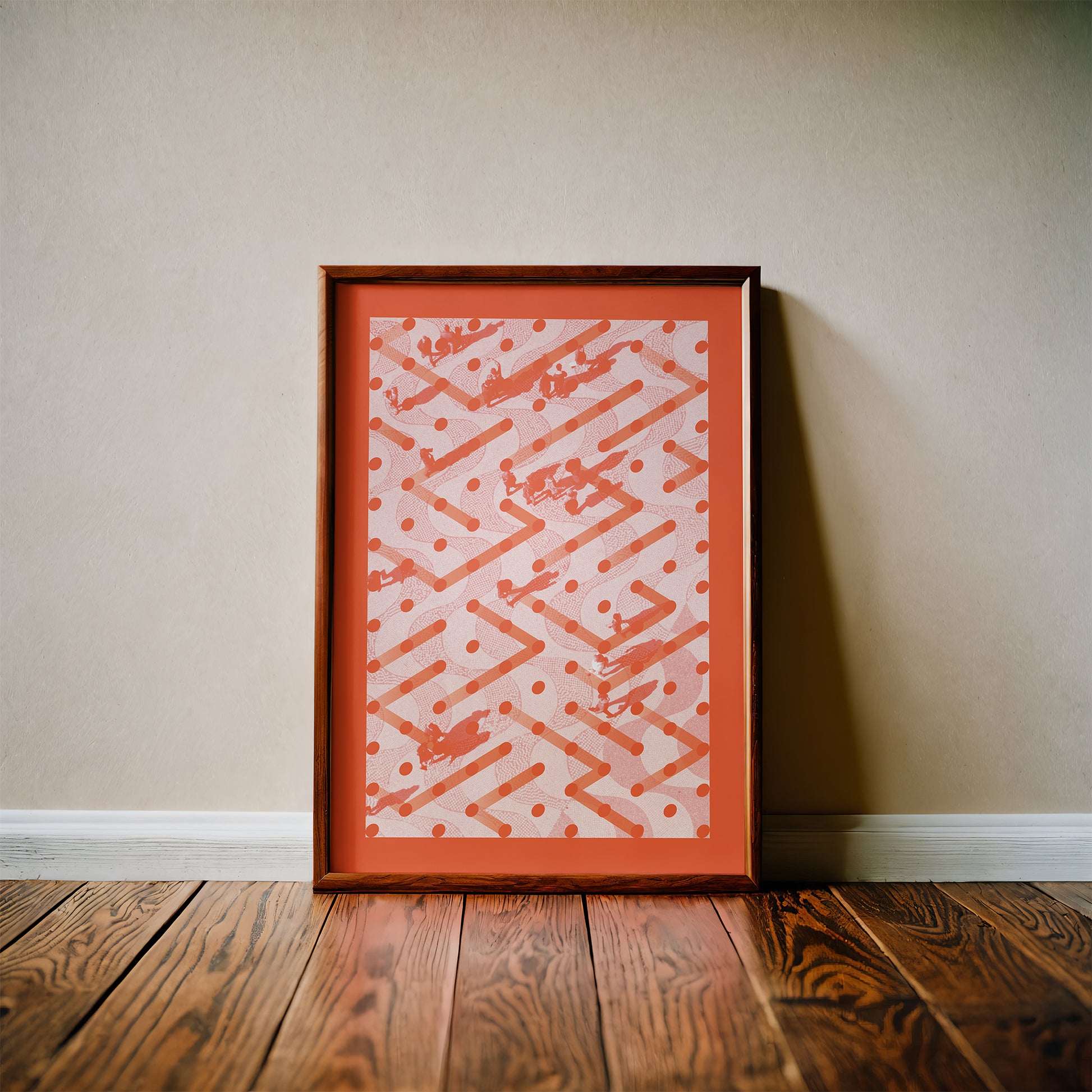 Orange interior print with moving people in a wooden frame