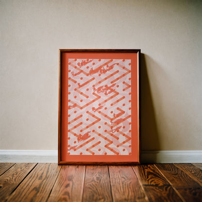 Orange interior print with moving people in a wooden frame