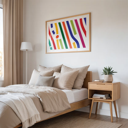 poster with colorful lines on the wall in a bedroom