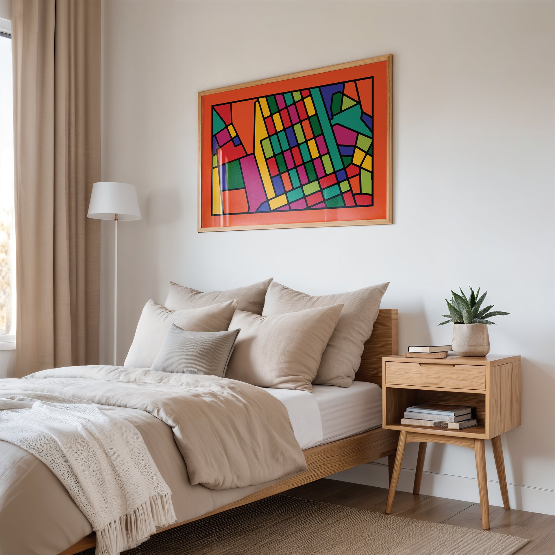 Big interior poster with abstract map of Lisbon in a bedroom