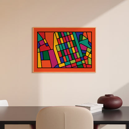 Big interior poster with abstract map of Lisbon in a frame on a white wall