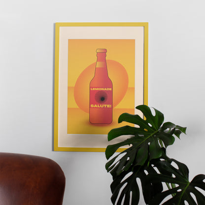 Orange interior poster with bottle of limonade in a yellow frame on the wall