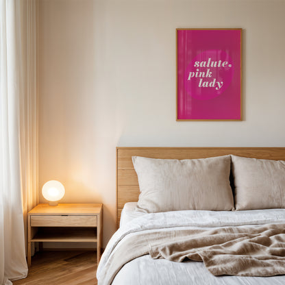 interior poster in pink ang big sign salute, pink lady in a bedroom