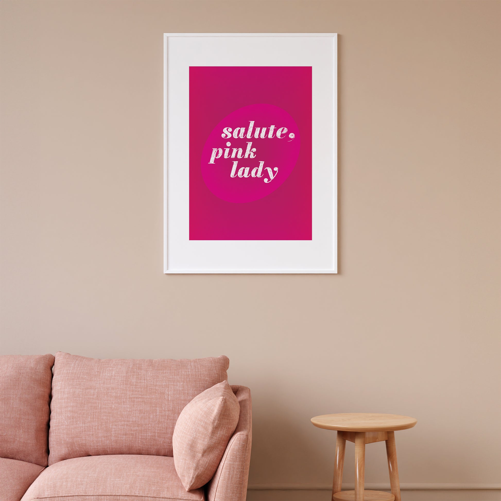 interior poster in pink ang big sign salute, pink lady in a white frame