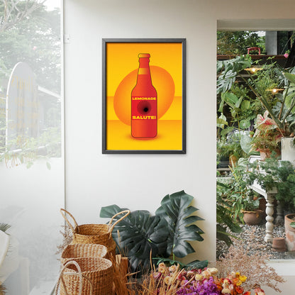 Orange interior poster with bottle of limonade in a black frame on a white wall