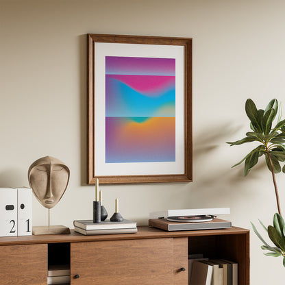 Interior poster with pink blue orange gradient wall art in a living room