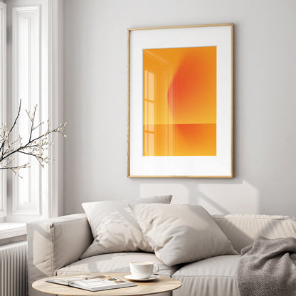 Digital Printing Poster Tcvetët in orange and red with Wave Shape and a horizontal line on a wall in a light living room