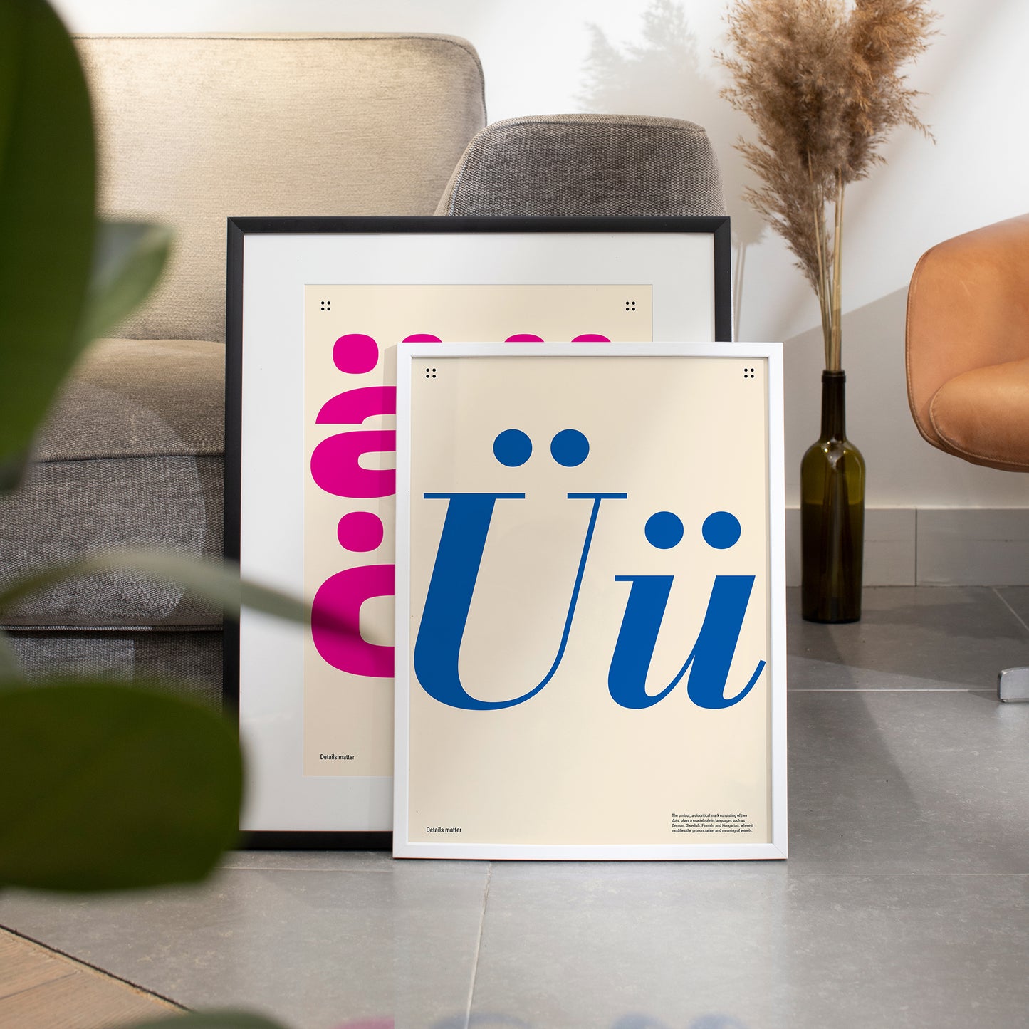 Poster with large blue letters 'Ü' and the inscription Details matter in a white frame