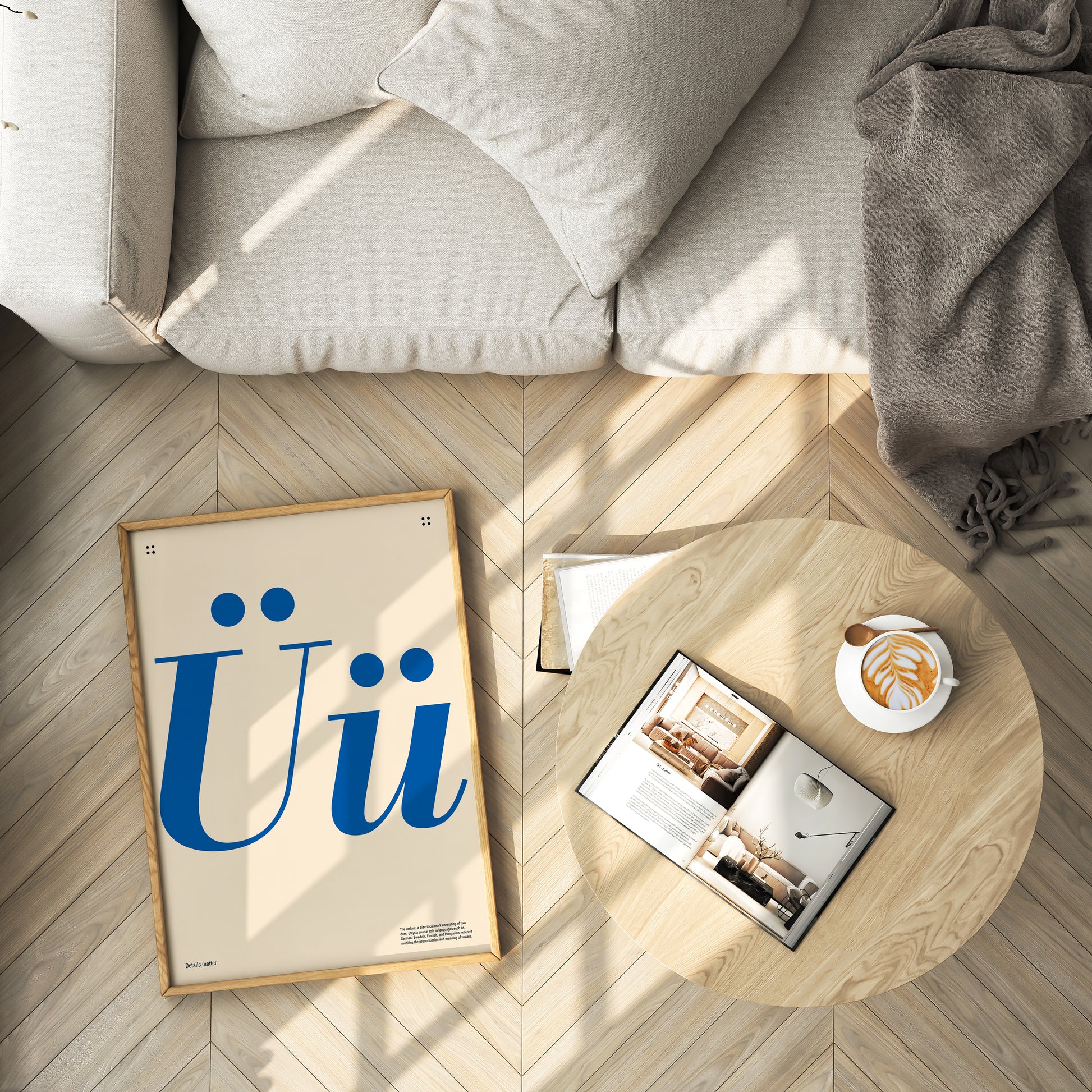 Poster with large blue letters 'Ü' and the inscription Details matter in a wooden frame on the floor