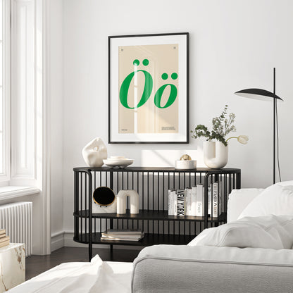 Poster with large green letters 'Ö' and the inscription Details matter with a black frame