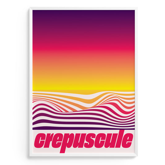 Abstract interior poster with yellow-pink gradiend waves shapes and sign crepuscule