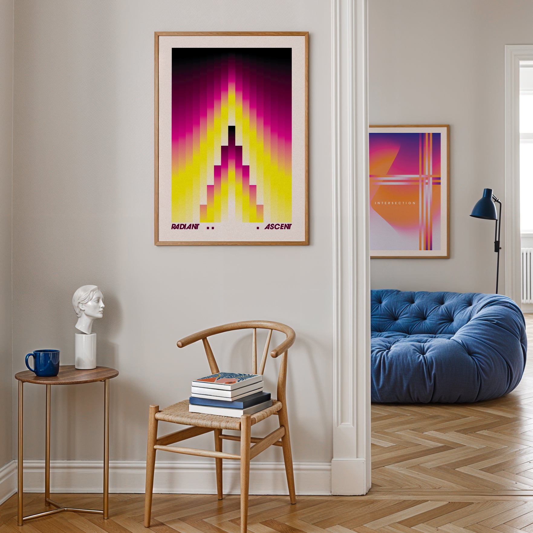 two geometric posters with gradients in a living room
