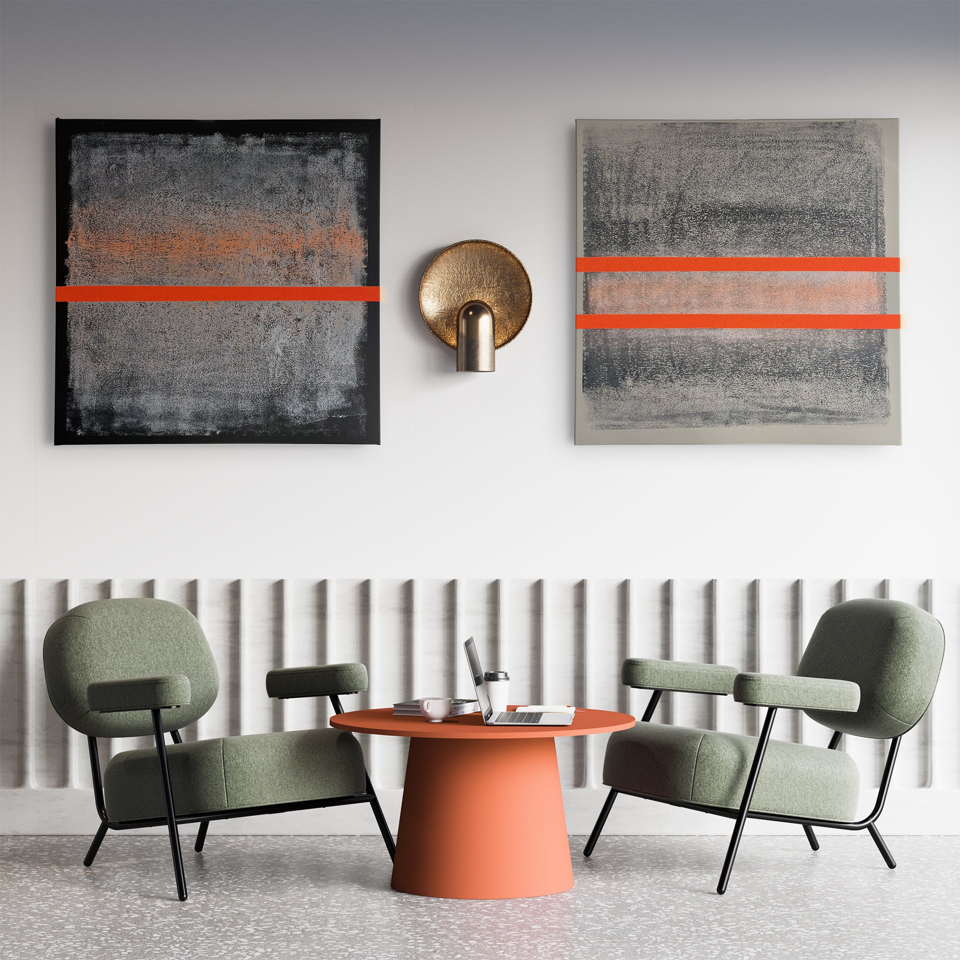 two abstract interior canvases with bright orange line on the wall in a living room